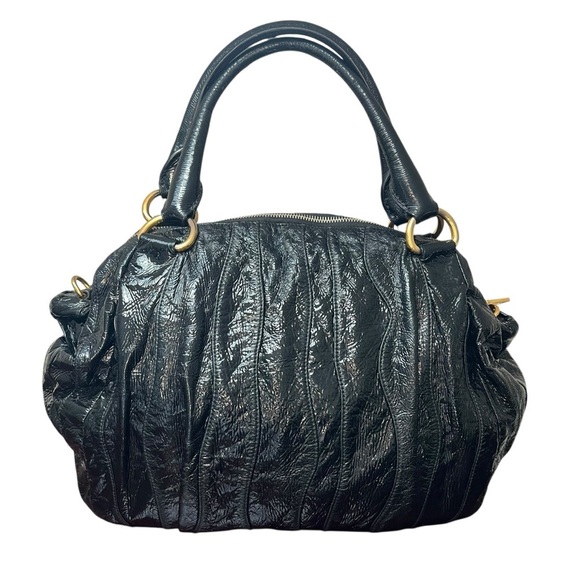 PRADA Vernice Waves Bag Black Patent Leather Gold Hardware Large 16” Authentic - Picture 2 of 13